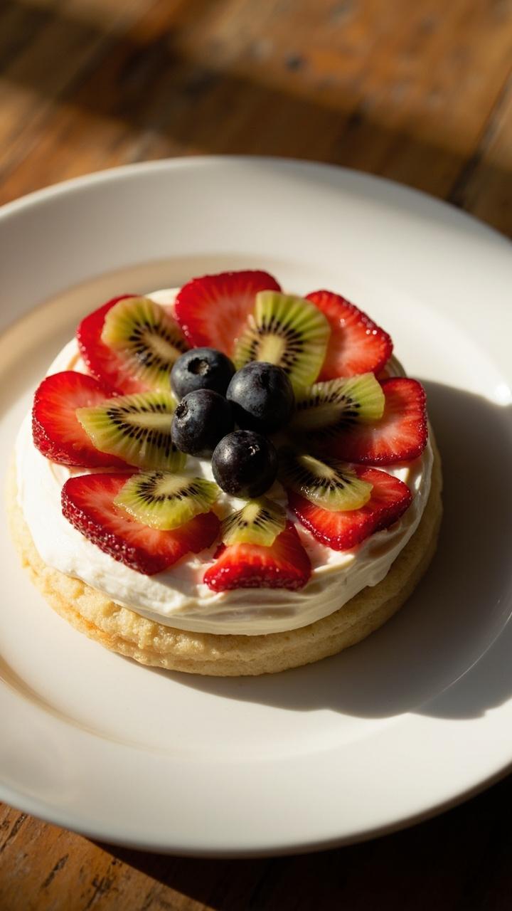 A round golden sugar cookie topped with a glossy white cream cheese spread, concentric rings of sliced strawberries and kiwi, a few blueberries in the center, served on a small white plate with a wooden table background