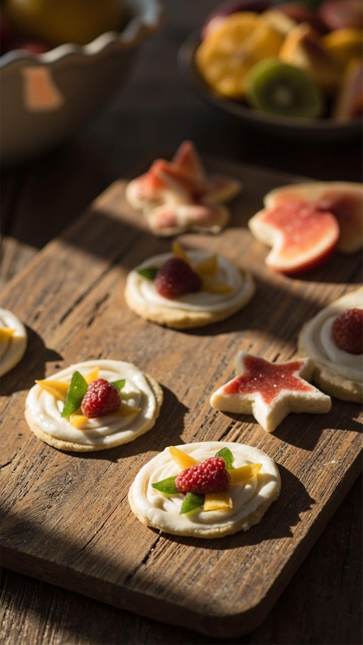 A wooden board with several small pale sugar cookie rounds, each topped with a thin swirl of white frosting and tiny fruit pieces in star and heart patterns, a small bowl of sliced fruit to the side
