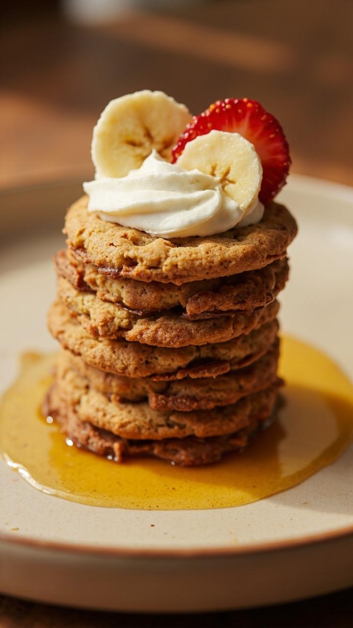 A stack of large soft cookies on a ceramic plate topped with swirled pale yogurt, slices of banana and strawberry forming a smiley face, a small drizzled line of honey nearby
