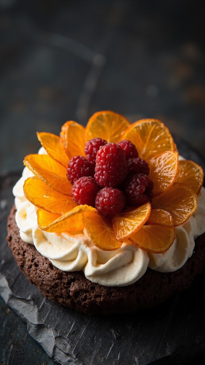 A dark brown round cookie topped with pale cream cheese frosting and vibrant orange slices and raspberries arranged like flower petals on a slate board