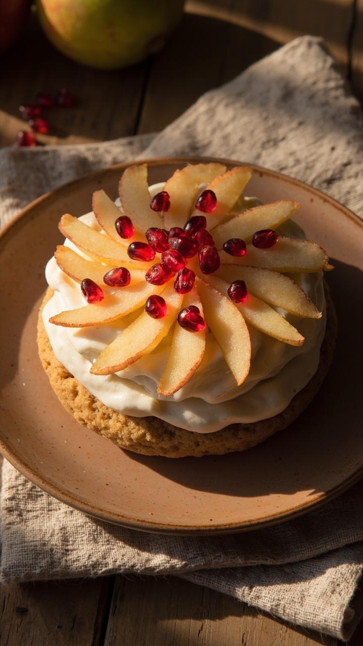 A warm tan cookie with a cream colored frosting topped with thin apple slices and pomegranate arils arranged like a sun, placed on a rustic plate with a linen napkin