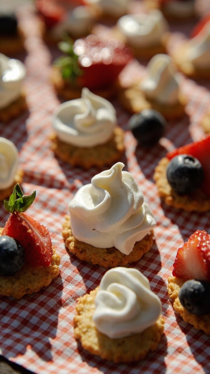 Small tan graham style cookie rounds with dollops of white marshmallow cream and scattered strawberries and blueberries on a small gingham napkin