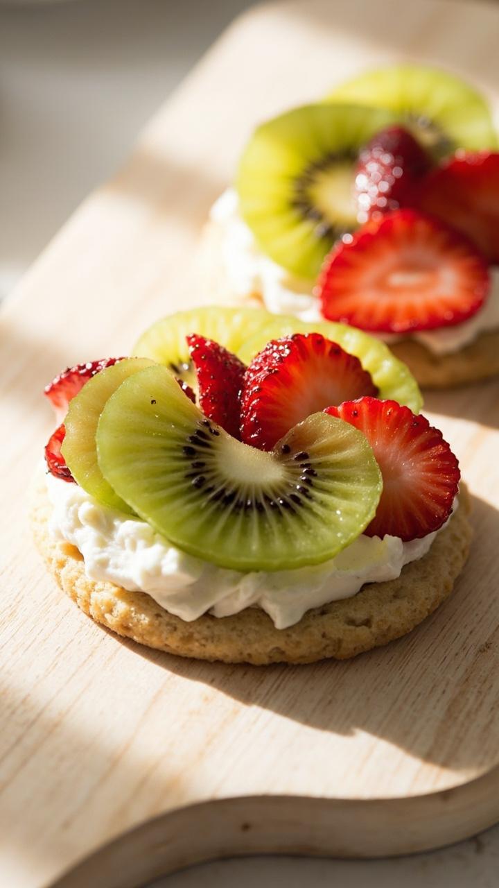 A pale cookie made from gluten free flour topped with a smooth cream cheese spread and neat rows of kiwi and strawberry on a light wooden board