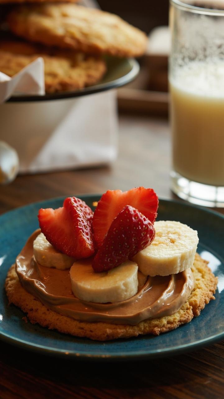 A golden cookie with a glossy peanut butter spread topped with banana slices and halved strawberries on a small blue plate with a glass of milk nearby