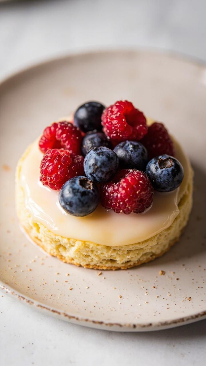A pale buttery shortbread round with a pale yellow lemon glaze and scattered raspberries and blueberries on a light ceramic plate