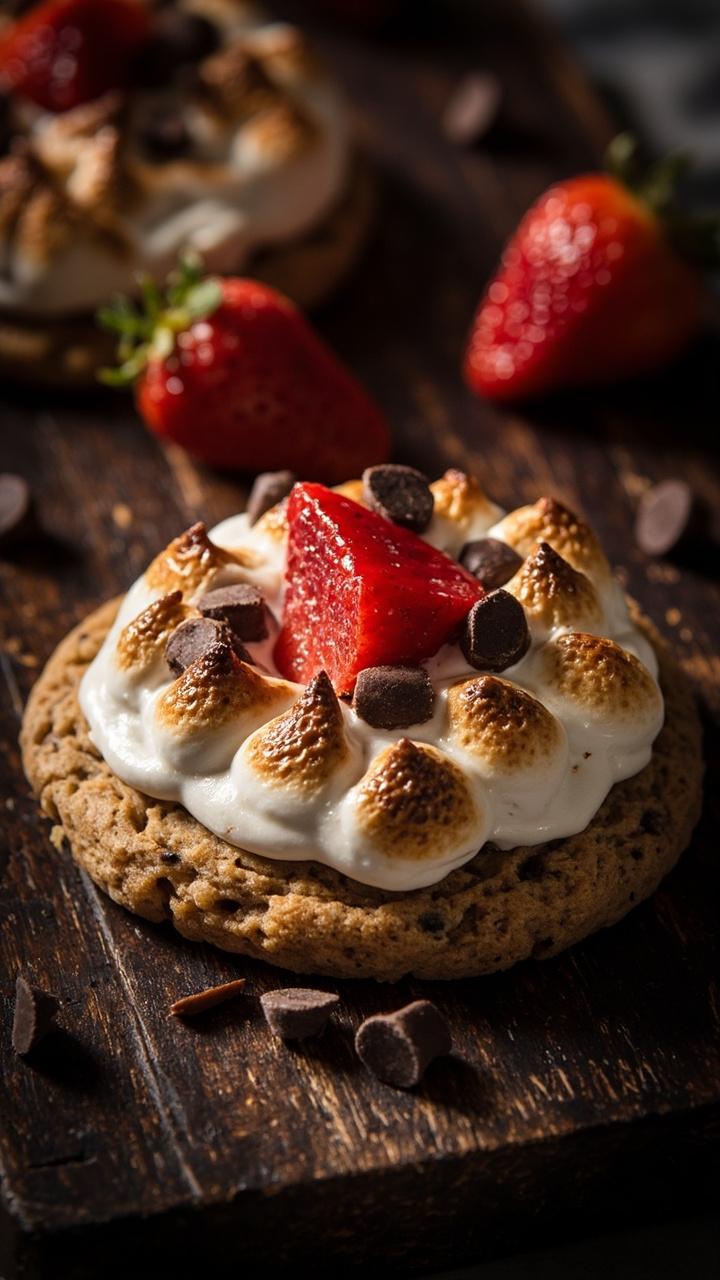 A slightly darker cookie topped with a toasted marshmallow spread and scattered strawberries and mini chocolate chips on a dark wooden board