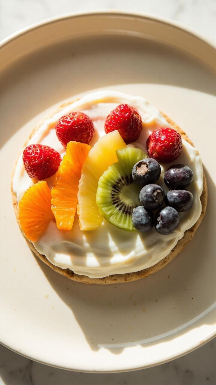 A single large cookie with a white frosting base and neat rows of red orange yellow green blue purple fruit slices forming a rainbow on a light colored plate