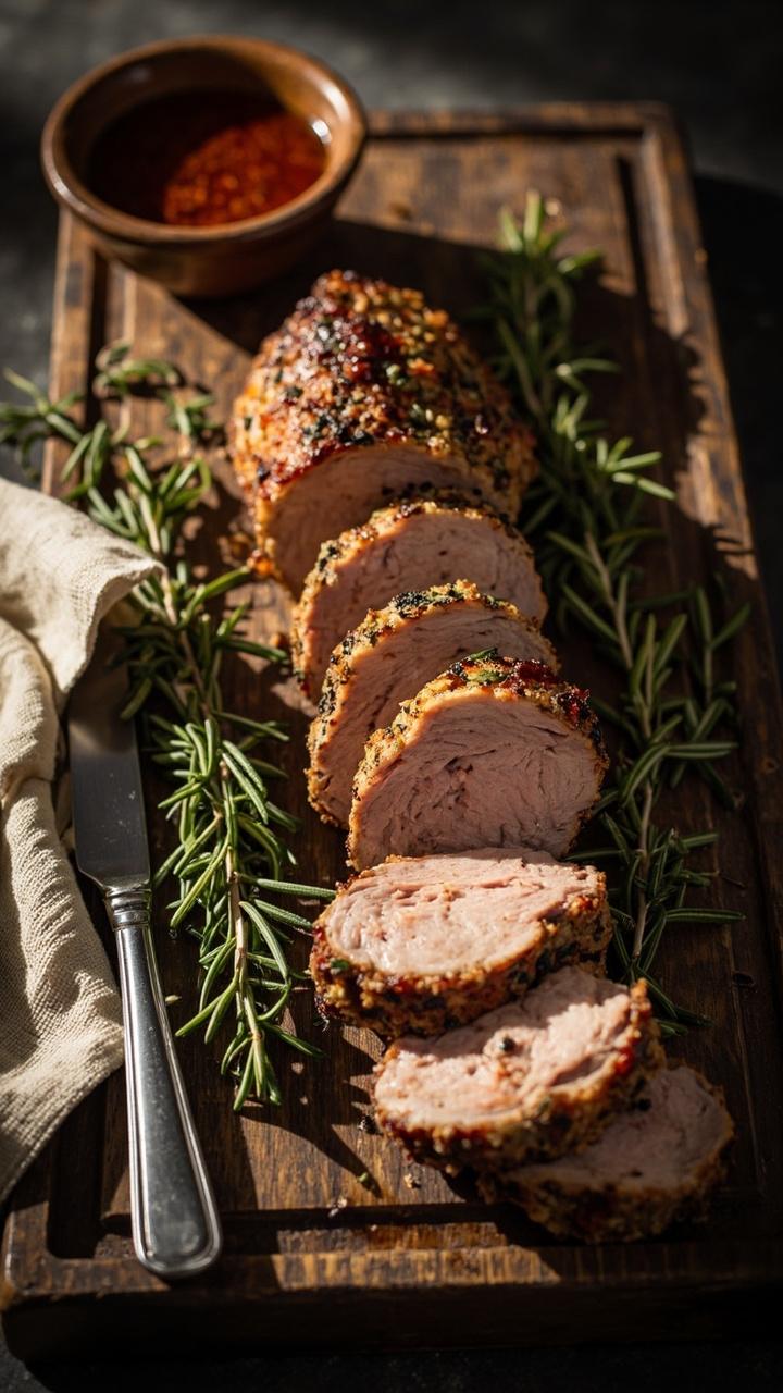 Sliced pork tenderloin with a light herb crust arranged on a wooden board, sprigs of rosemary and thyme scattered nearby, a small bowl of pan juices, a linen napkin and a fork to the side