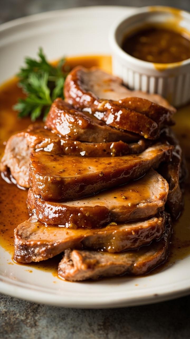Thick slices of pork with a shiny honey garlic glaze stacked on a white plate, a drizzle of extra glaze pooling at the edge, a small ramekin of extra sauce and a sprig of parsley for color