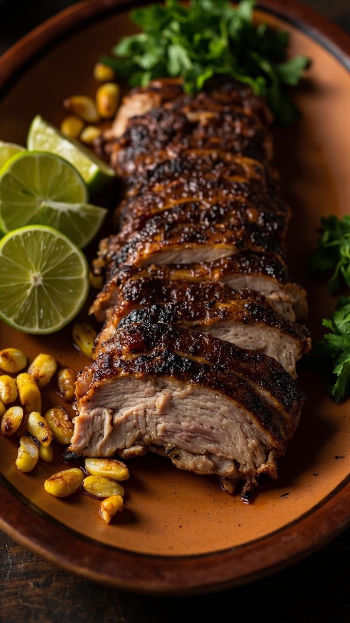 Sliced pork with a dark spice crust on a warm ceramic plate, lime wedges on the side, a small pile of chopped cilantro, and a scattering of toasted corn kernels