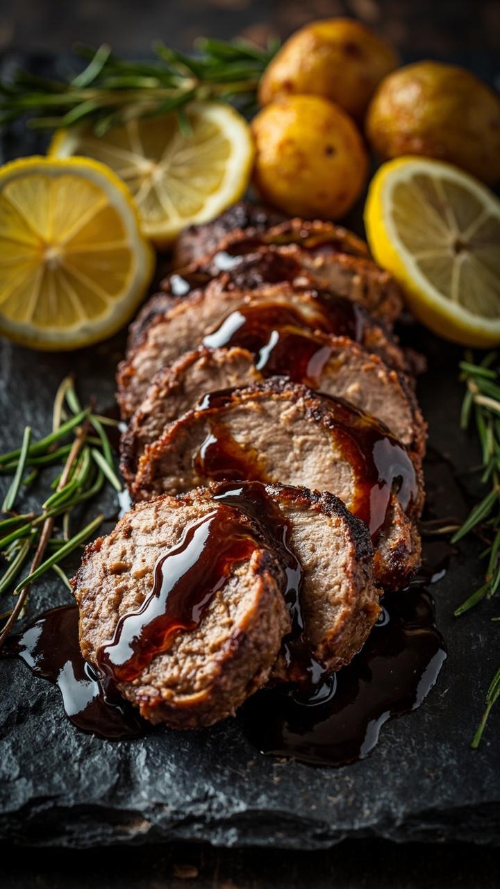 Slices of pork with a glossy balsamic glaze on a slate platter, scattered rosemary needles, thin lemon slices, and a small mound of roasted baby potatoes