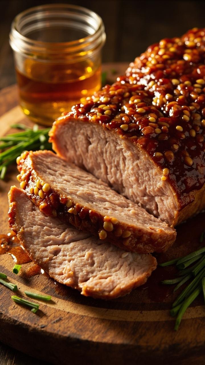 Thick slices of pork brushed with a glossy maple Dijon glaze on a round wooden board, a small jar of maple syrup nearby, and a scattering of chopped chives for color
