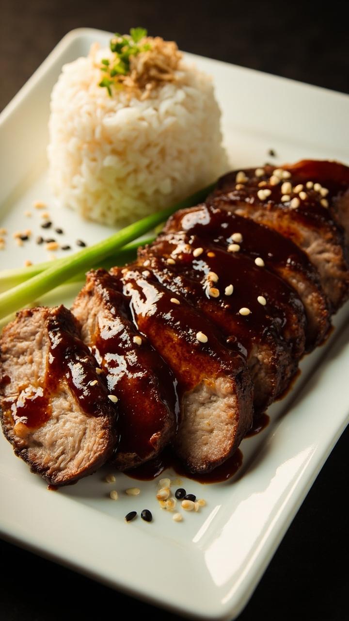 Sliced pork with a dark soy glaze on a rectangular white plate, a small mound of steamed rice, thinly sliced scallions and sesame seeds sprinkled on top