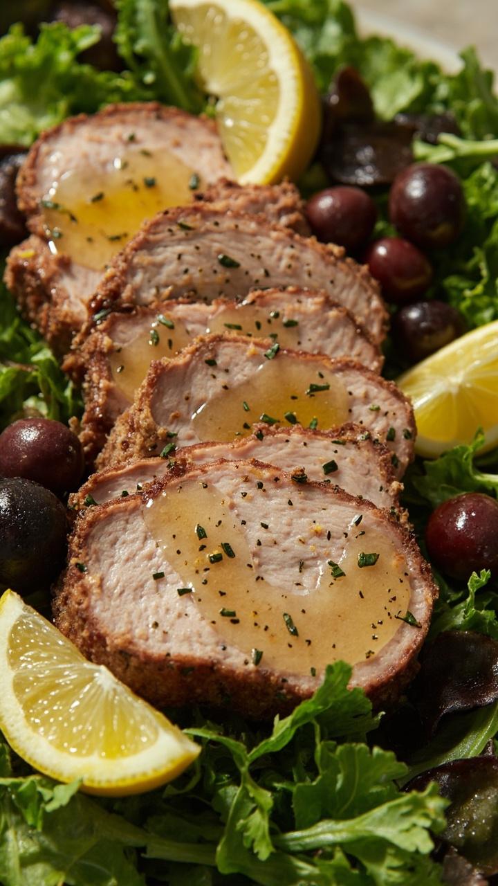 Sliced pork with a light lemon herb rub served over a bed of mixed greens, lemon wedges and a drizzle of olive oil, a few kalamata olives on the side