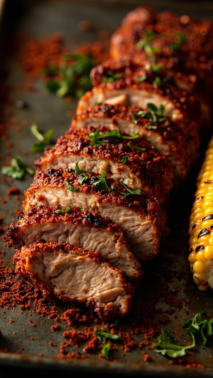 Slices of pork with a deep red paprika crust on a metal serving tray, grilled corn half on the cob nearby, a dusting of chopped parsley for contrast