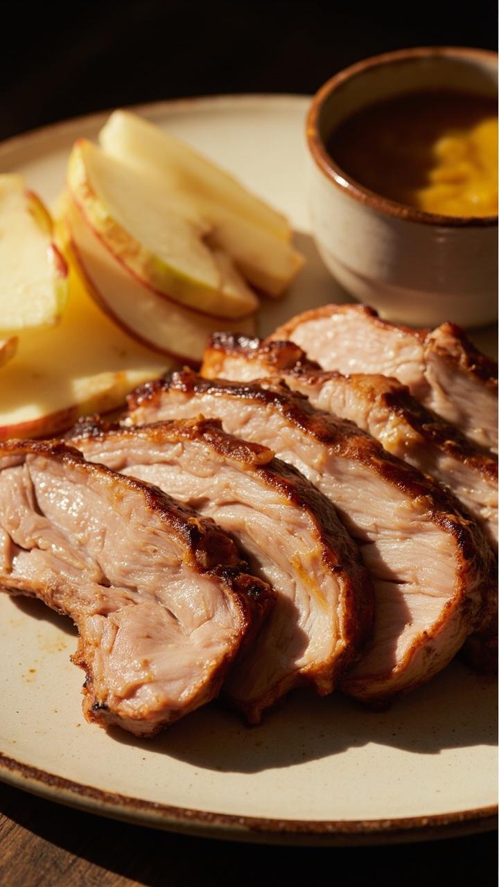 Sliced pork with a light golden exterior on a ceramic plate, thin apple slices fanned beside it, a small ramekin of mustard sauce