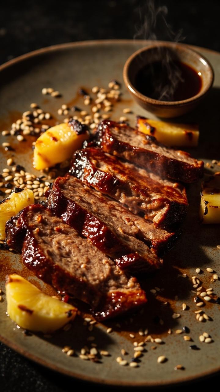 Sliced pork glazed with teriyaki and small grilled pineapple rounds on the side, a sprinkling of sesame seeds, and a small bowl of extra sauce