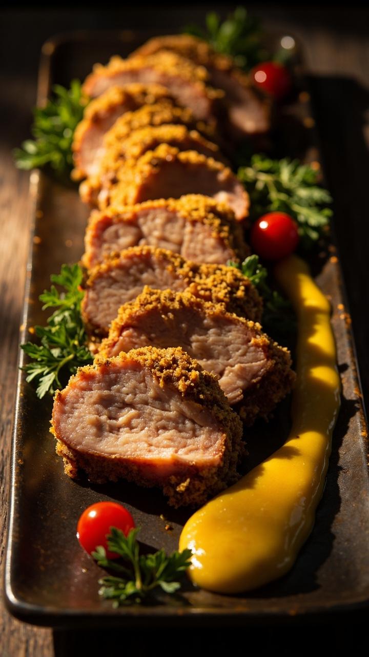 Sliced pork with a golden mustard crust arranged on a long platter, a smear of Dijon on the platter, sprigs of parsley and a few cherry tomatoes for color
