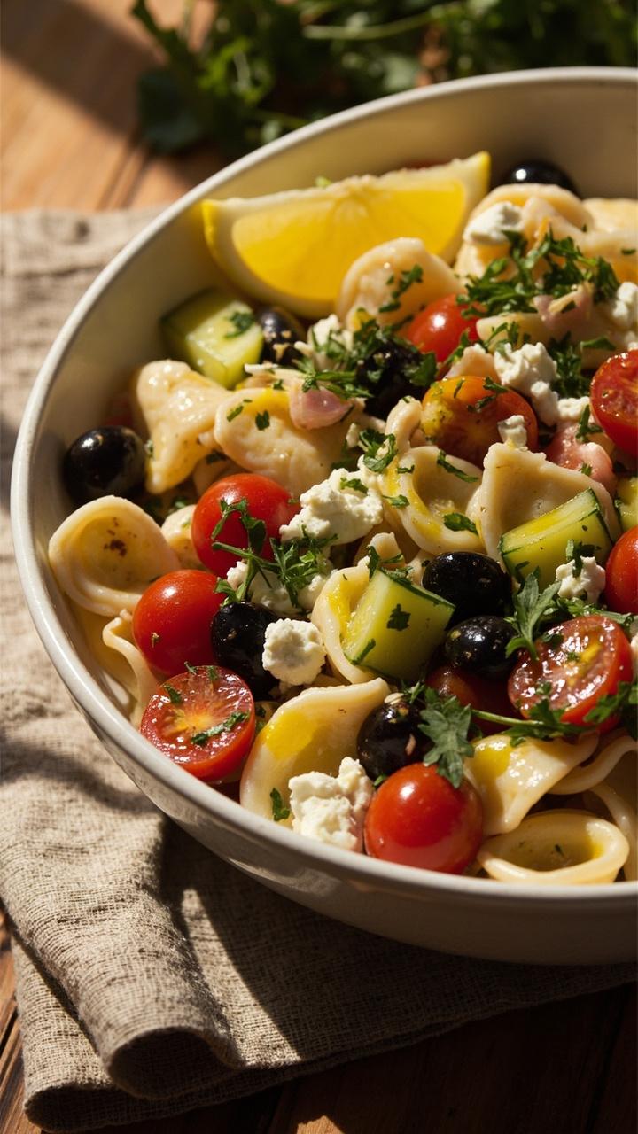 Cheese tortellini mixed with halved grape tomatoes, sliced black olives, crumbled feta, and chopped cucumber in a shallow white bowl, drizzled with olive oil and scattered with chopped parsley, a lemon wedge on the side, a linen napkin and wooden table surface