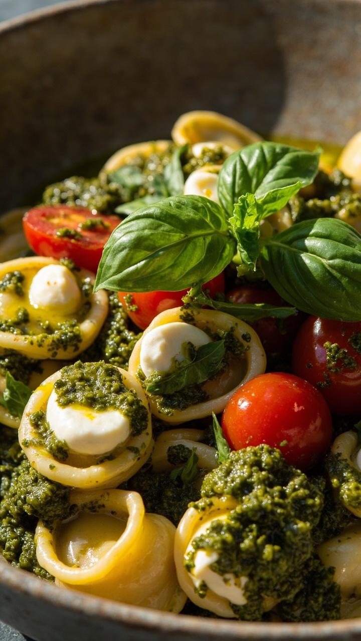 Cheese tortellini tossed with halved cherry tomatoes and mozzarella pearls, small basil leaves folded through, pesto dressing coating everything, plated in a shallow bowl with a drizzle of olive oil and a small basil sprig on top