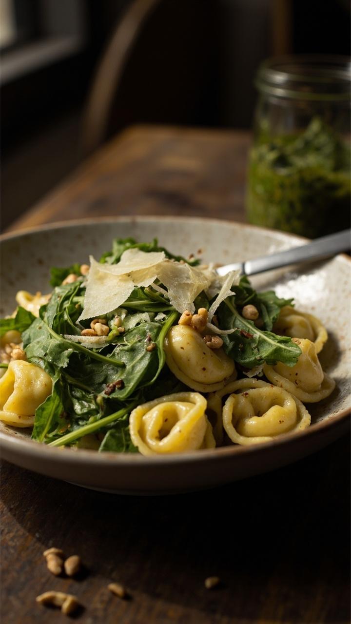 Golden cheese tortellini tossed with bright green baby arugula, scattered toasted pine nuts, thin shavings of Parmesan, served in a shallow ceramic bowl on a wooden table with a small jar of extra pesto nearby