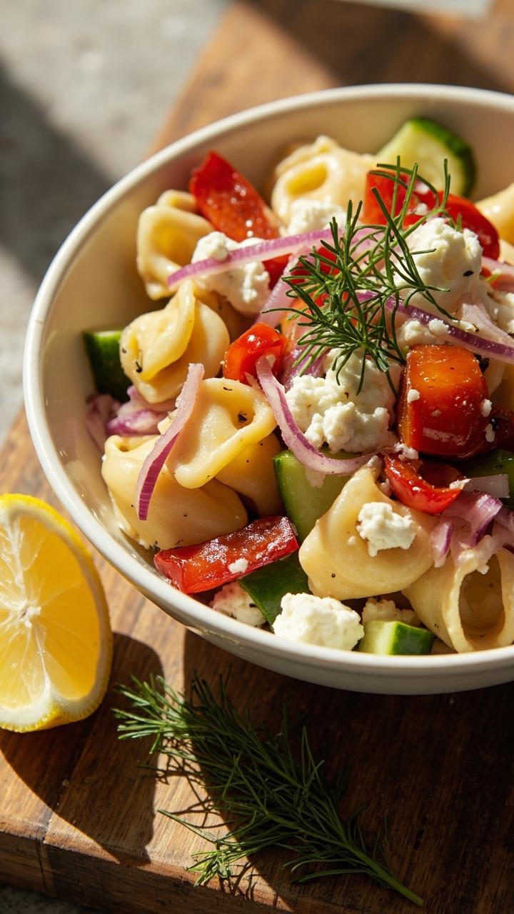 Cheese tortellini mixed with chopped red bell pepper, diced cucumber, sliced red onion, crumbled feta, chopped dill scattered over the top, served in a shallow white bowl with a lemon wedge and a rustic wooden board