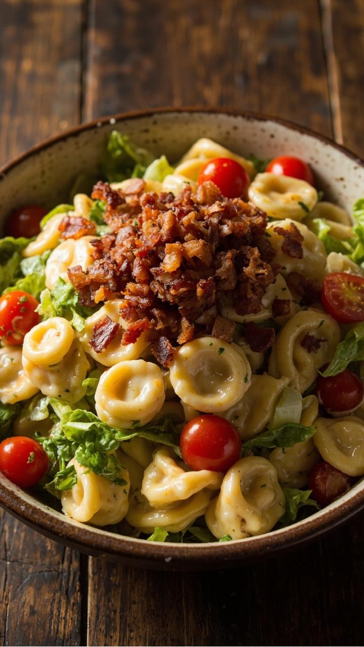 Cheese tortellini with crispy chopped bacon, halved cherry tomatoes, shredded romaine lettuce, tossed in creamy garlic dressing, served in a wide shallow bowl with extra bacon crumbles on top and a dark wooden table underneath