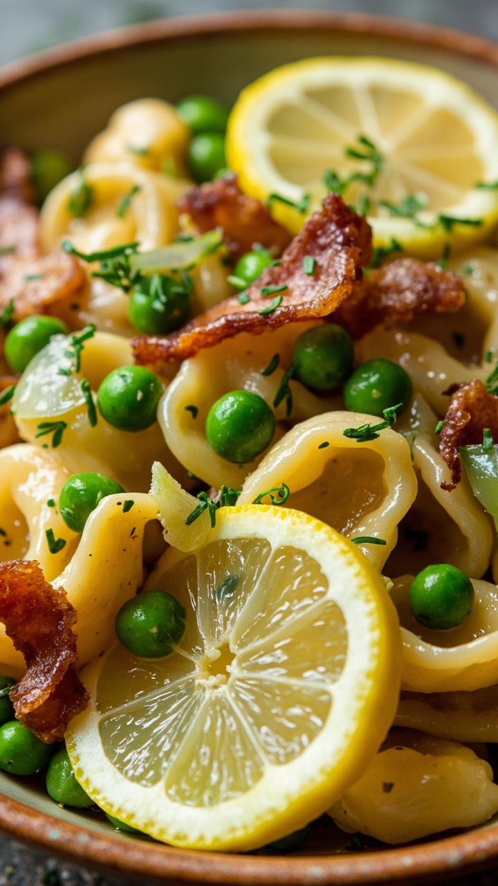 Cheese tortellini tossed with bright green peas, crispy pieces of pancetta, thinly sliced scallions, and a light lemon herb dressing, plated in a shallow bowl with lemon slices and a sprinkling of chopped chives