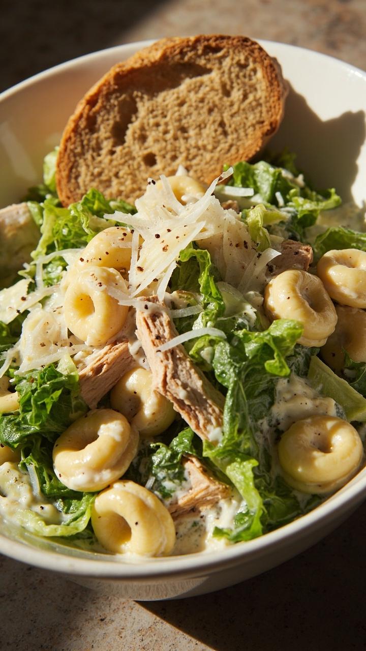 Cheese tortellini mixed with shredded roasted chicken, romaine pieces, shaved Parmesan, and a creamy Caesar dressing, plated in a deep white bowl with a few cracked black pepper flakes and a small piece of crusty bread beside it