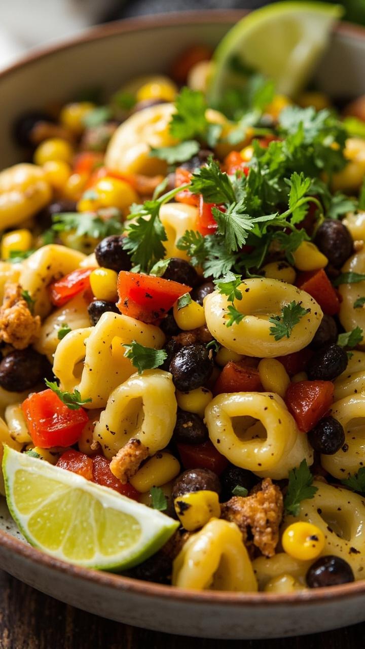 Cheese tortellini tossed with black beans, roasted corn kernels, diced red bell pepper, chopped cilantro, and a lime cilantro dressing, served in a wide shallow bowl with lime wedges and a sprinkle of chopped cilantro on top