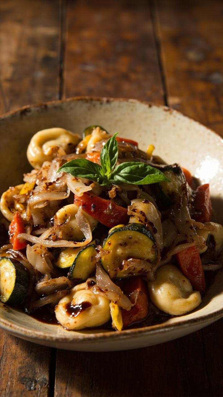 Cheese tortellini mixed with roasted zucchini, bell peppers, and red onion, drizzled with a glossy balsamic glaze, plated on a shallow ceramic dish with a sprinkle of fresh basil and a wooden table backdrop