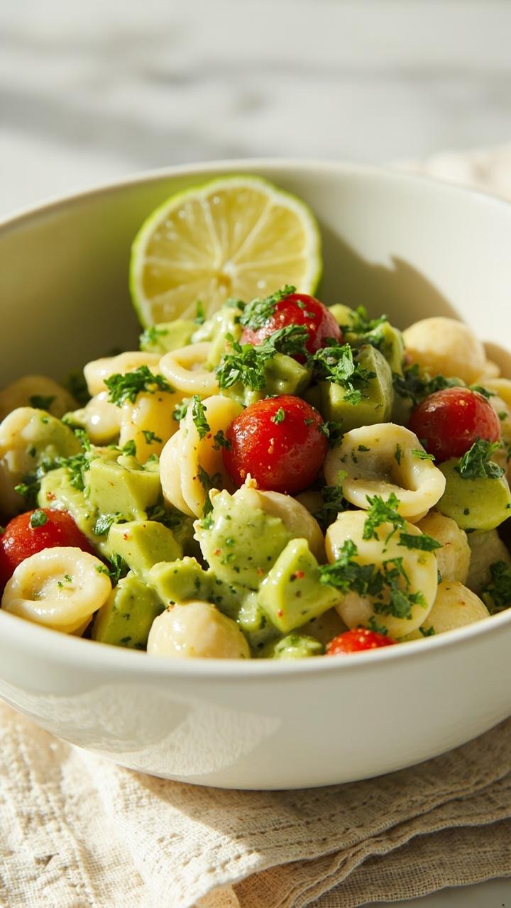 Cheese tortellini with diced avocado, halved cherry tomatoes, chopped cilantro, and a pale green cilantro lime dressing coating the pasta, served in a shallow white bowl with a lime wedge and a soft woven napkin