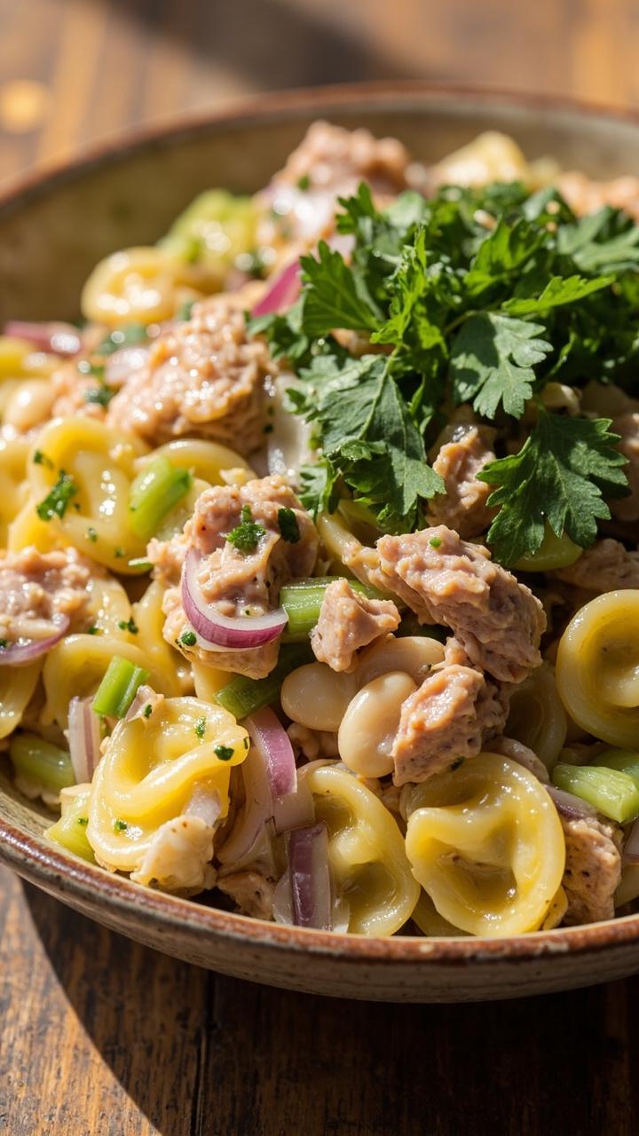 Cheese tortellini combined with flaked canned tuna, white beans, chopped celery, and sliced red onion in a shallow bowl, dressed in a light lemon olive oil dressing with parsley scattered over the top on a wooden table