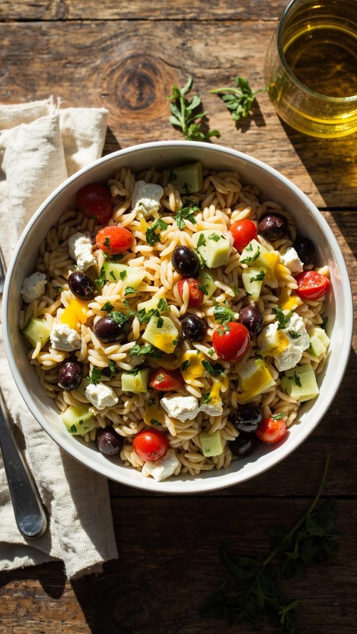 A shallow white bowl of golden orzo studded with deep purple olives, crumbled white feta, diced cucumber, and cherry tomato halves, a drizzle of olive oil glinting on top, sprinkled with chopped parsley. A linen napkin and a fork sit to the side on a wooden table.