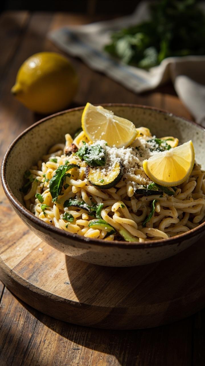 A shallow ceramic bowl with pale golden orzo mixed with caramelized zucchini rounds, flecks of bright green basil and parsley, thin lemon wedges on the rim, and a scattering of grated Parmesan. A wooden board peeks out from under the bowl.