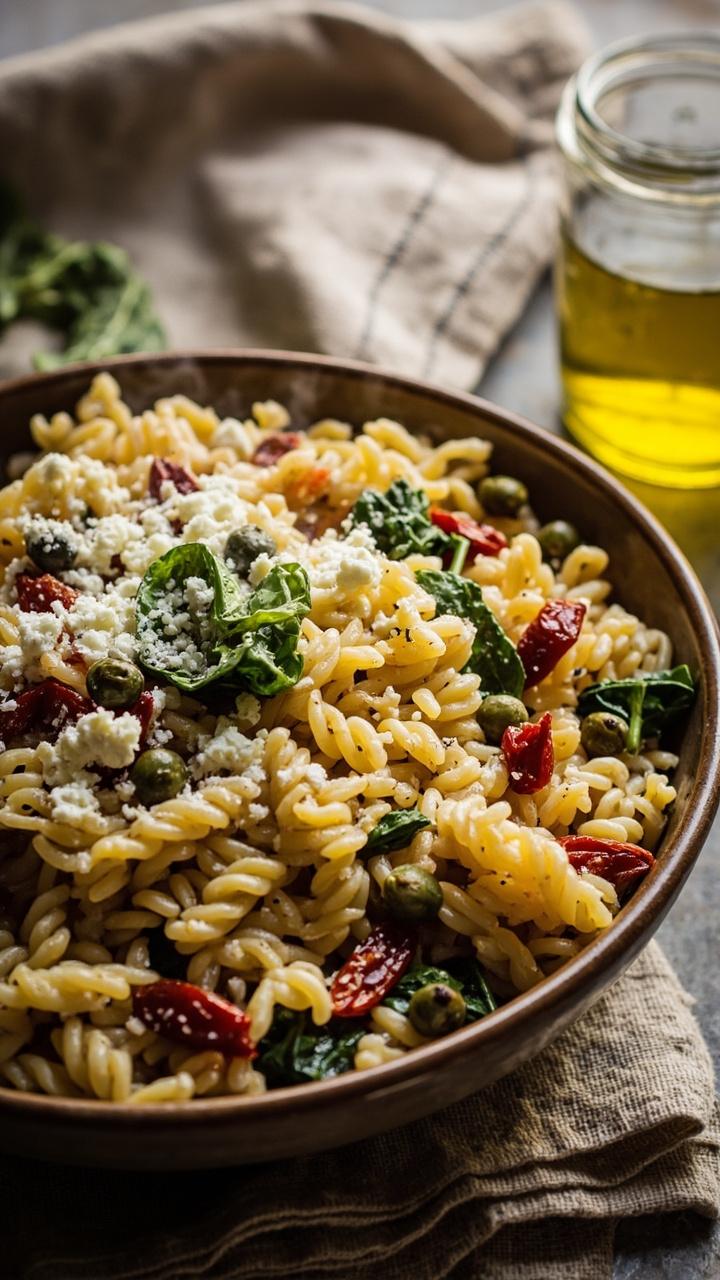 A shallow bowl of golden orzo with strips of deep red sun-dried tomatoes, tiny green capers, torn spinach leaves, and crumbled feta on top. A small jar of extra olive oil sits nearby and a linen napkin frames the scene.