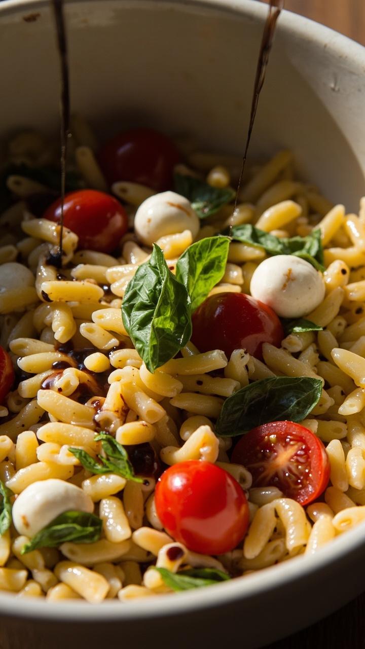 A shallow bowl of glossy orzo dotted with halved cherry tomatoes, small mozzarella pearls, and bright basil leaves. A thin stream of dark balsamic glaze is drizzled on top and a torn basil leaf sits at the center.