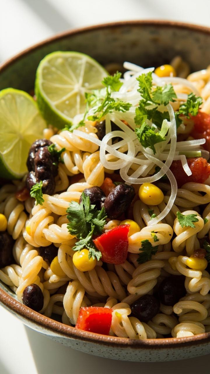 A medium bowl of bright orzo mixed with black beans, corn kernels, chopped red bell pepper, and flecks of cilantro. Lime wedges are tucked on the side and a sprinkle of chopped scallion tops the salad.