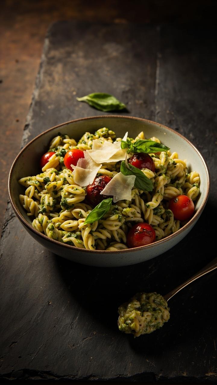 A shallow bowl of glossy green pesto-coated orzo with blistered red cherry tomatoes, shaved Parmesan, and a few basil leaves scattered on top. The bowl sits on a dark slate tile with a small spoonful of pesto on the side.