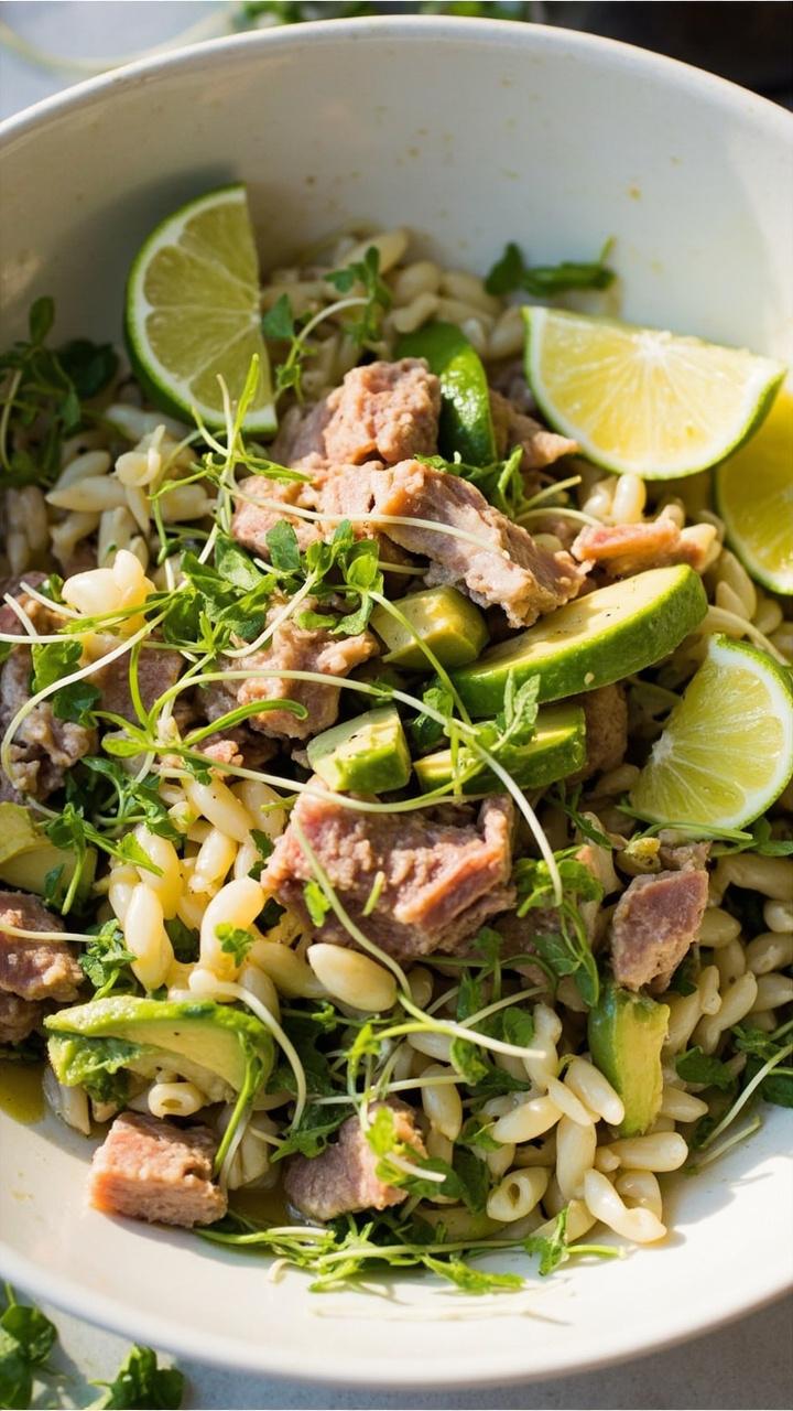 A wide bowl with pearly orzo mixed with chunks of avocado and flaked tuna, small green pea shoots on top, a few lime wedges resting on the rim, and a light drizzle of olive oil visible on the surface.