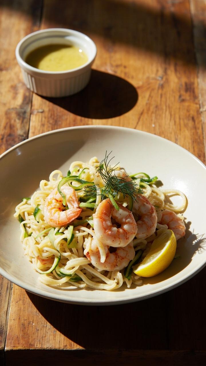 A deep bowl filled with light golden orzo topped with pink shrimp, thin cucumber ribbons, sprigs of fresh dill, and lemon wedges on the side. A wooden table surface with a small ramekin of extra dressing sits nearby.