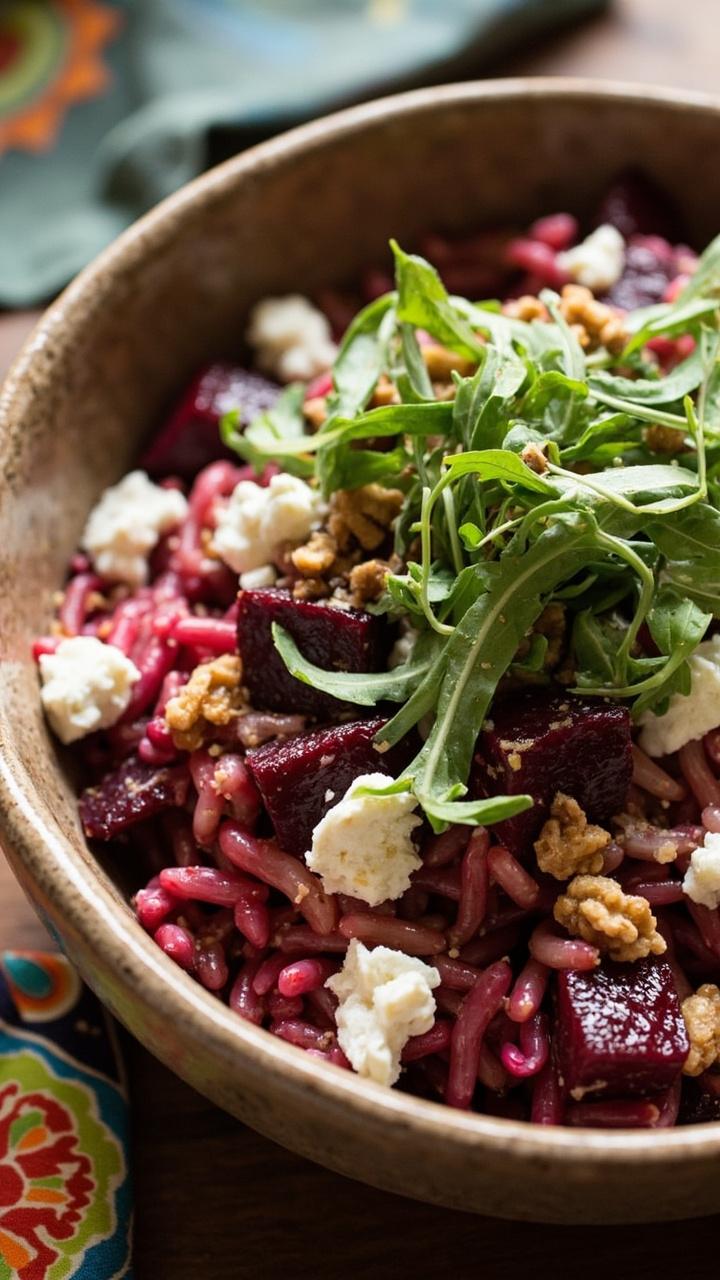 A shallow bowl of warm orzo mixed with cubes of deep magenta roasted beet, crumbled white goat cheese, a handful of arugula, and a sprinkle of chopped walnuts. The table shows a cheery cloth napkin nearby.