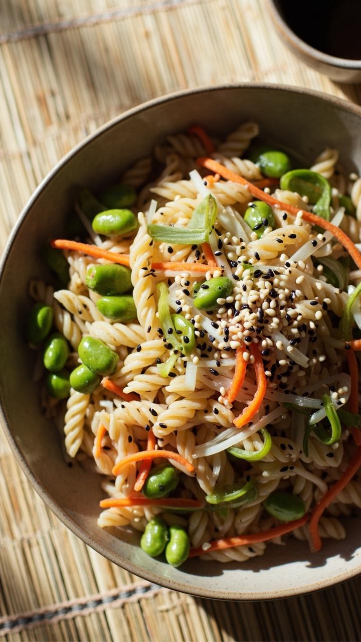 A shallow bowl of orzo tossed with bright green edamame, sliced scallions, shredded carrots, and sesame seeds on top, a small soy sauce dish sits beside the bowl on a bamboo placemat.