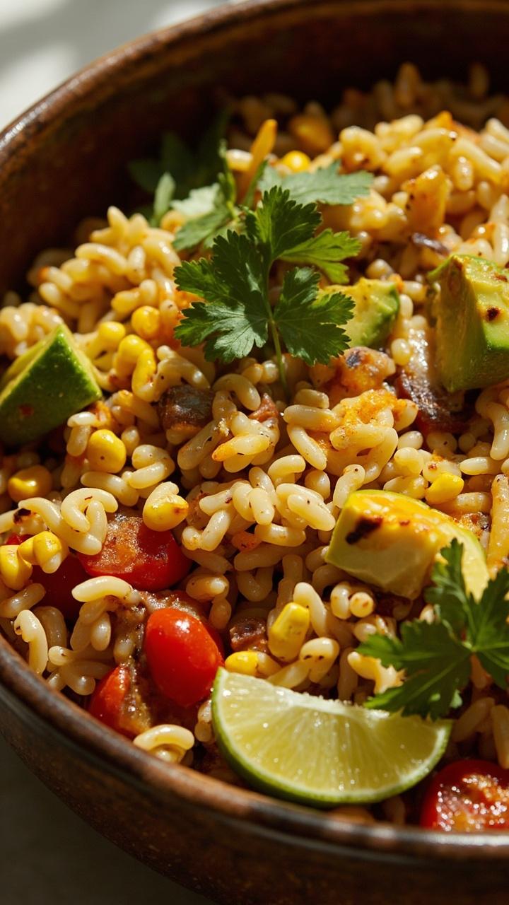 A large bowl of orzo with charred corn kernels, diced avocado, halved cherry tomatoes, and a light orange chipotle dressing pooling slightly at the bottom. Lime wedges and cilantro garnish the top.