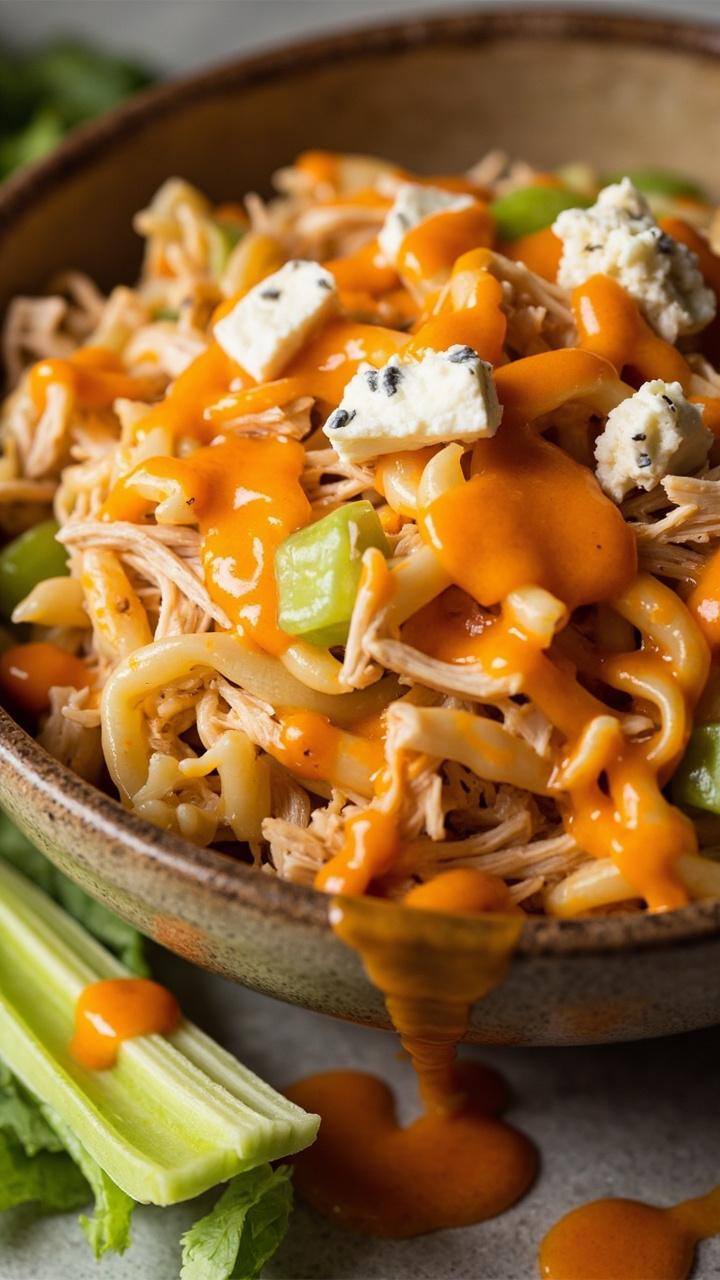 A deep bowl of orzo coated in a light orange buffalo dressing, shredded cooked chicken scattered throughout, diced celery for crunch, and small dollops of blue cheese on top. A celery stalk and a drizzle of extra sauce sits beside the bowl.