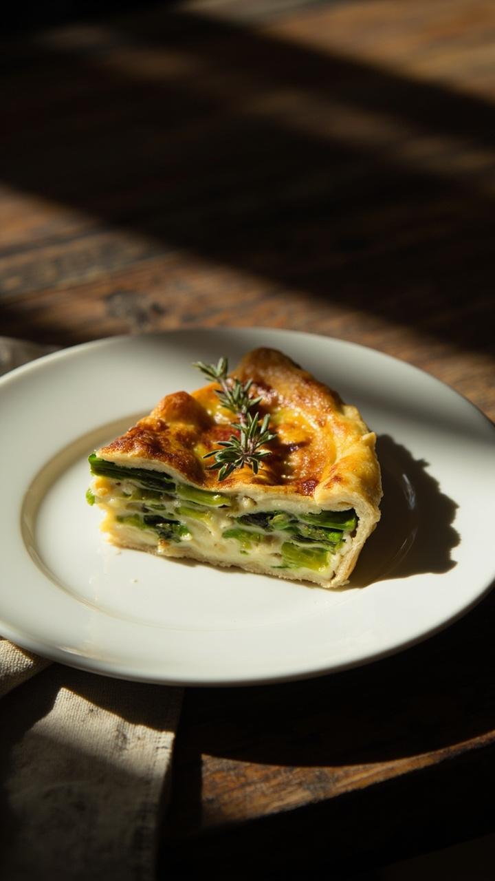 A golden quiche wedge on a simple white plate with bright green asparagus tips poking from the filling, a thin flaky crust, a small sprig of thyme on top, a linen napkin folded beside the plate, and morning light on a wooden table