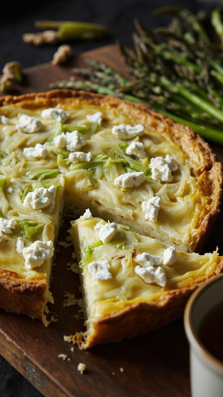A round quiche with visible ribbons of pale green leek and crumbled white goat cheese, a slice removed to reveal creamy filling, a small pile of raw trimmed asparagus spears on a board beside the tart, and a ceramic cup of herbal tea