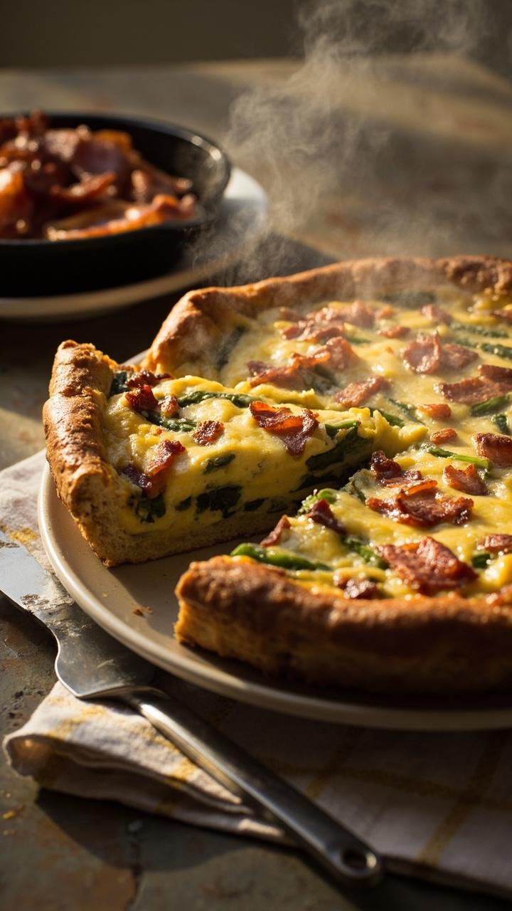 A hearty quiche with crispy bacon bits and melted cheddar visible on top, a slice lifted showing pockets of asparagus, a small cast iron skillet with extra cooked bacon beside it, and a casual checked napkin under the plate