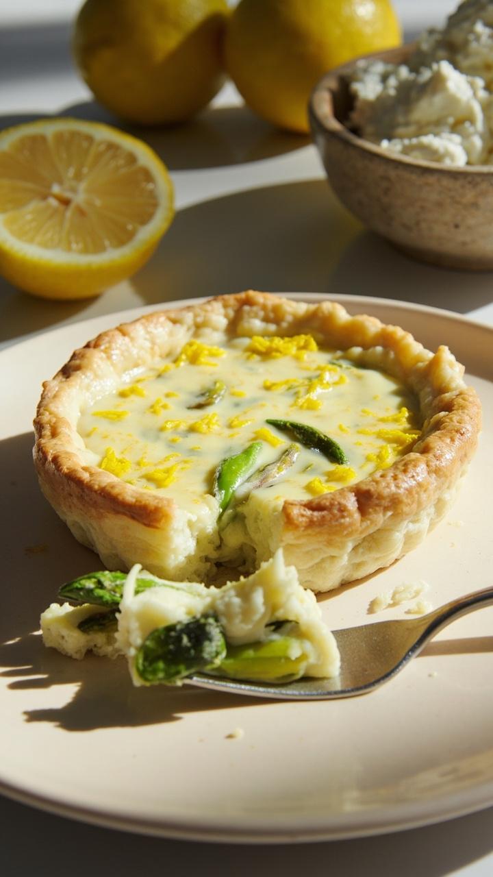 A pale creamy quiche with flecks of lemon zest and green asparagus tips, a thin golden crust, a forkful on a pastel plate, a lemon half and a small bowl of ricotta nearby