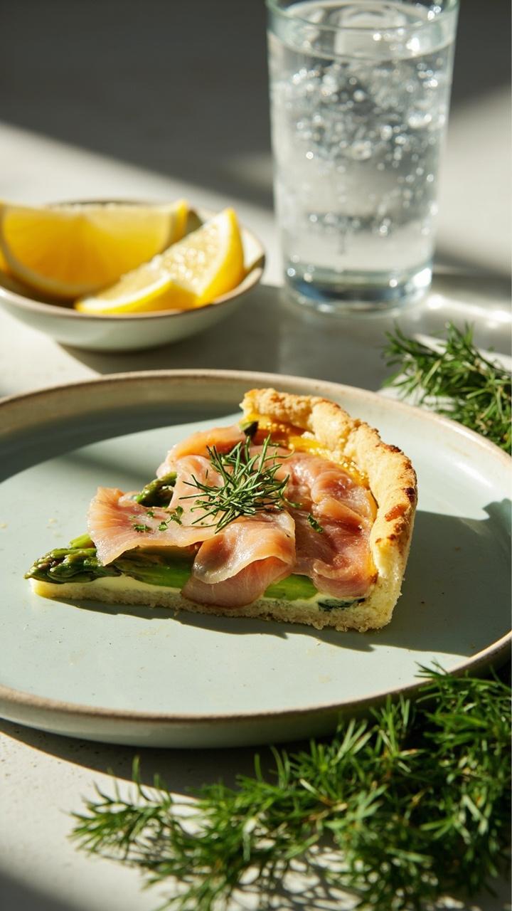 A quiche with pink ribbons of smoked salmon layered with asparagus tips and flecks of green dill, a slice on a pale blue plate, a small dish of lemon wedges and a glass of sparkling water nearby